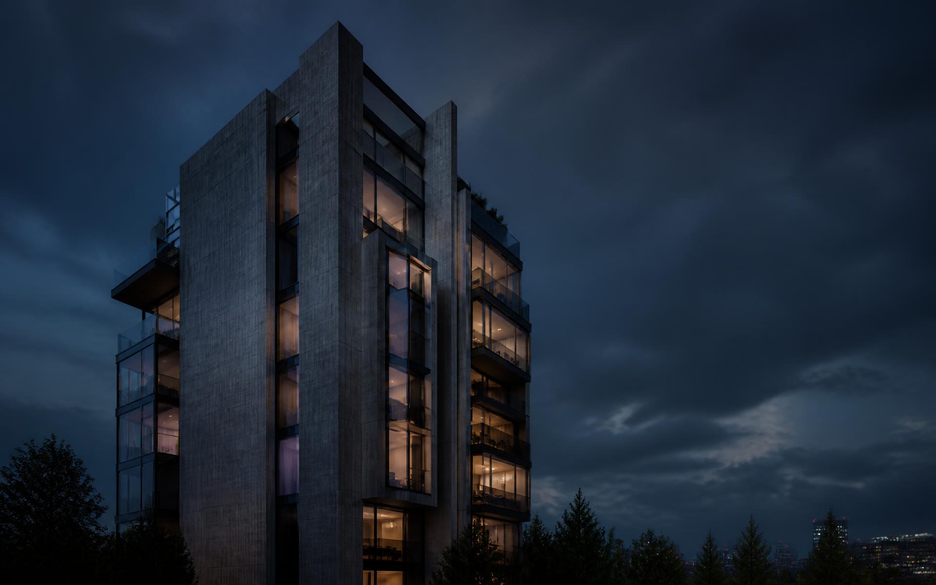 Edifício residencial contemporâneo em concreto e vidro ao anoitecer